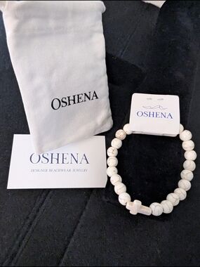 OSHENA Calma White Howlite Cross Beaded Stretch Bracelet NWT